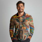 Australian Aboriginal Art Kangaroo Long Sleeve Polo Shirt Looking Forward Looking Blak Aboriginal Dot Painting