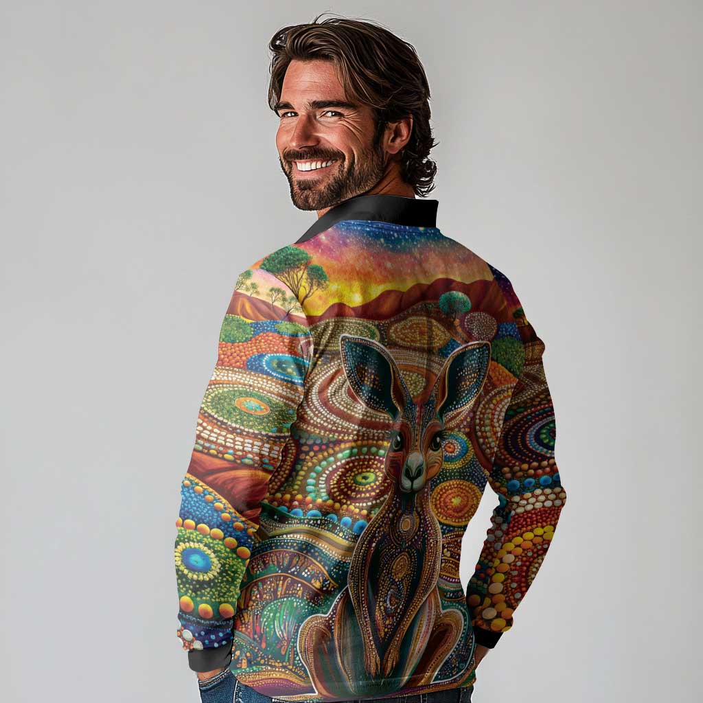 Australian Aboriginal Art Kangaroo Long Sleeve Polo Shirt Looking Forward Looking Blak Aboriginal Dot Painting