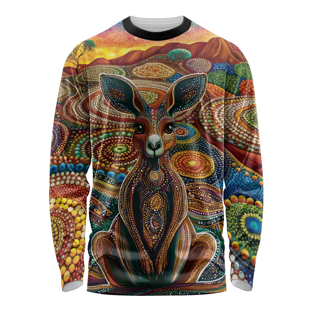 Australian Aboriginal Art Kangaroo Long Sleeve Shirt Looking Forward Looking Blak Aboriginal Dot Painting