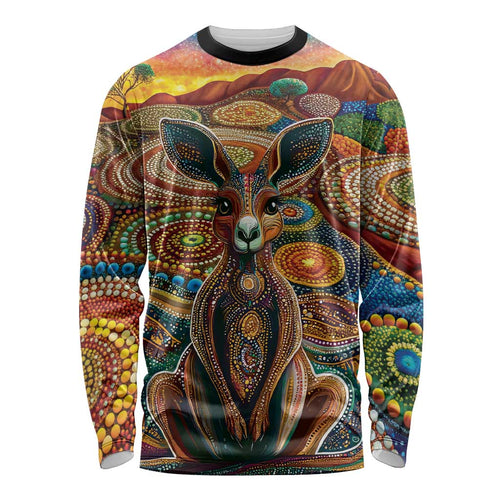 Australian Aboriginal Art Kangaroo Long Sleeve Shirt Looking Forward Looking Blak Aboriginal Dot Painting