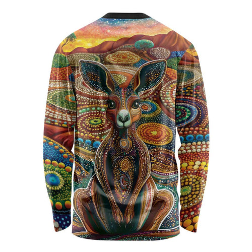 Australian Aboriginal Art Kangaroo Long Sleeve Shirt Looking Forward Looking Blak Aboriginal Dot Painting