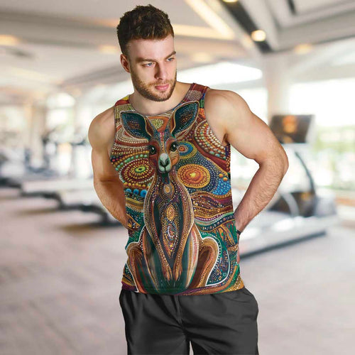 Australian Aboriginal Art Kangaroo Men Tank Top Looking Forward Looking Blak Aboriginal Dot Painting