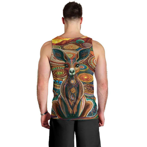 Australian Aboriginal Art Kangaroo Men Tank Top Looking Forward Looking Blak Aboriginal Dot Painting