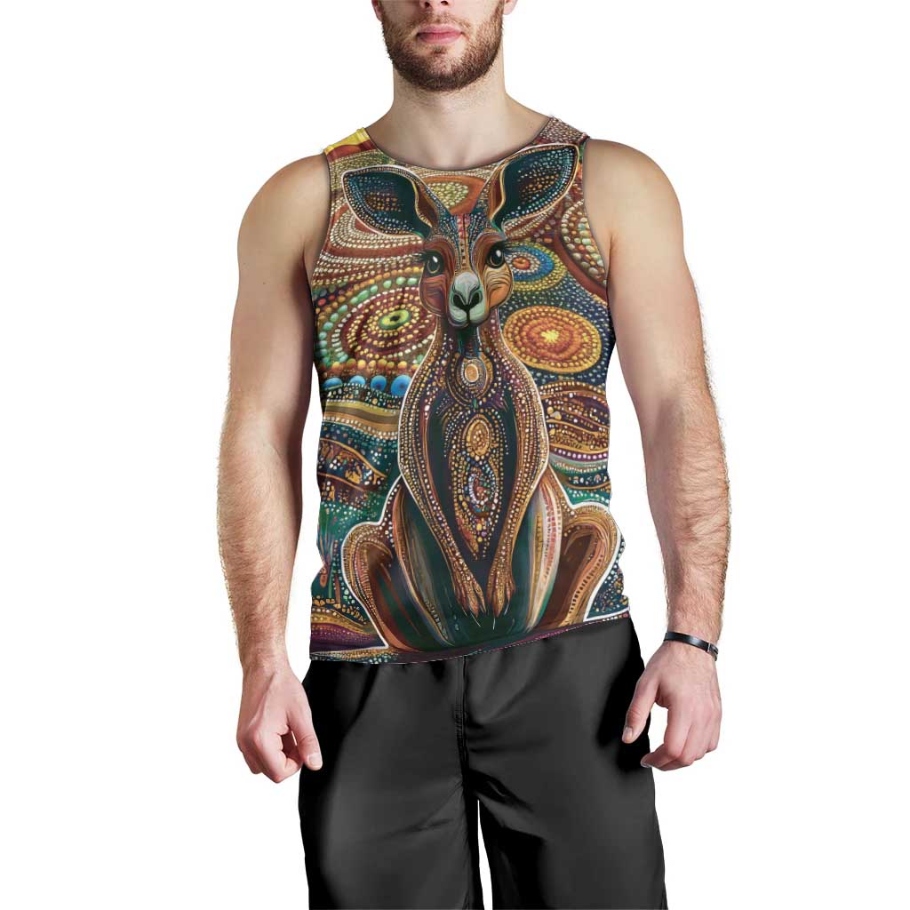 Australian Aboriginal Art Kangaroo Men Tank Top Looking Forward Looking Blak Aboriginal Dot Painting