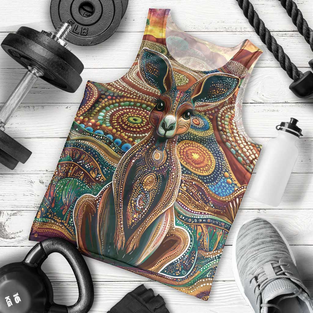 Australian Aboriginal Art Kangaroo Men Tank Top Looking Forward Looking Blak Aboriginal Dot Painting