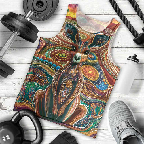 Australian Aboriginal Art Kangaroo Men Tank Top Looking Forward Looking Blak Aboriginal Dot Painting