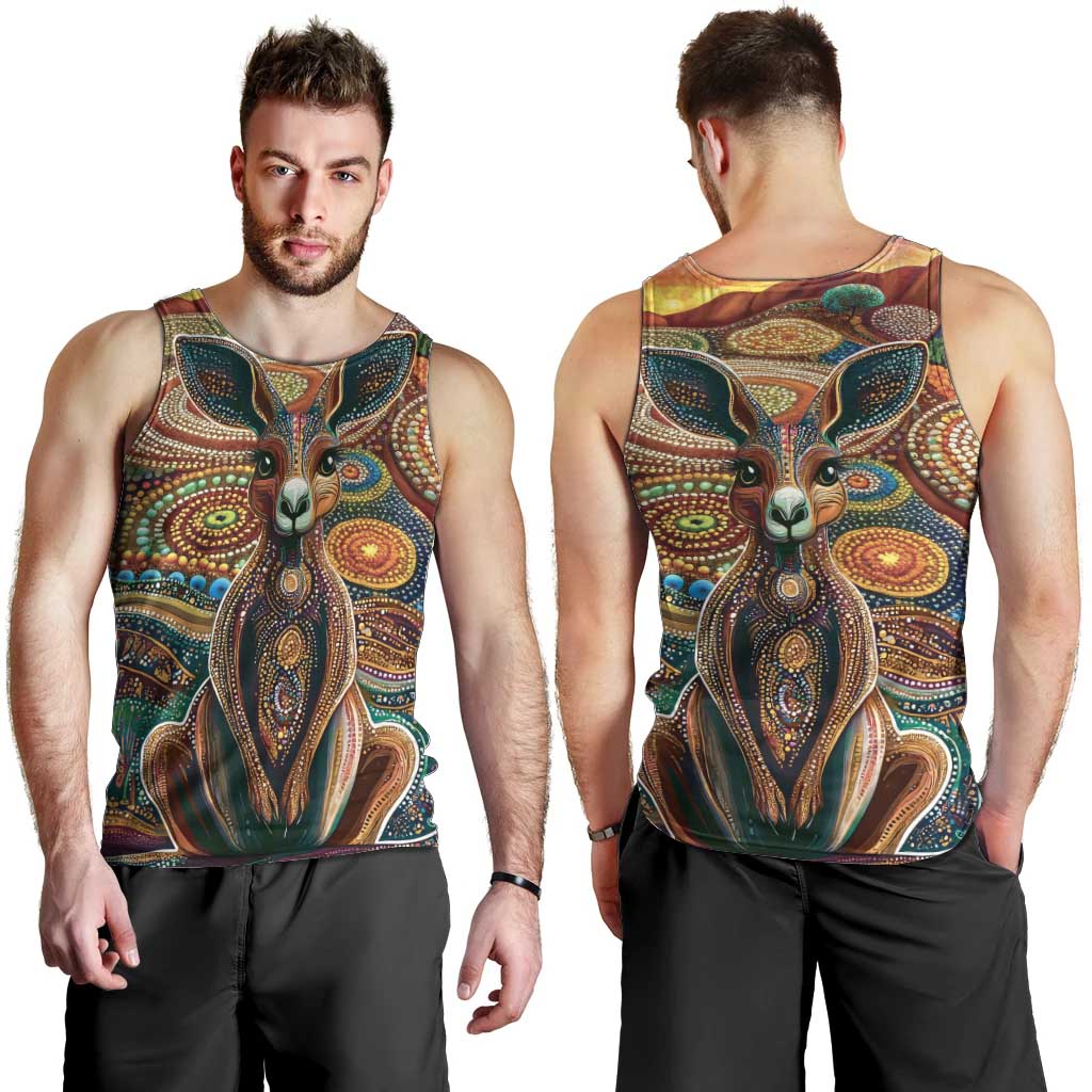 Australian Aboriginal Art Kangaroo Men Tank Top Looking Forward Looking Blak Aboriginal Dot Painting