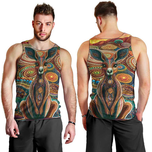 Australian Aboriginal Art Kangaroo Men Tank Top Looking Forward Looking Blak Aboriginal Dot Painting
