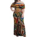 Australian Aboriginal Art Kangaroo Off Shoulder Maxi Dress Looking Forward Looking Blak Aboriginal Dot Painting