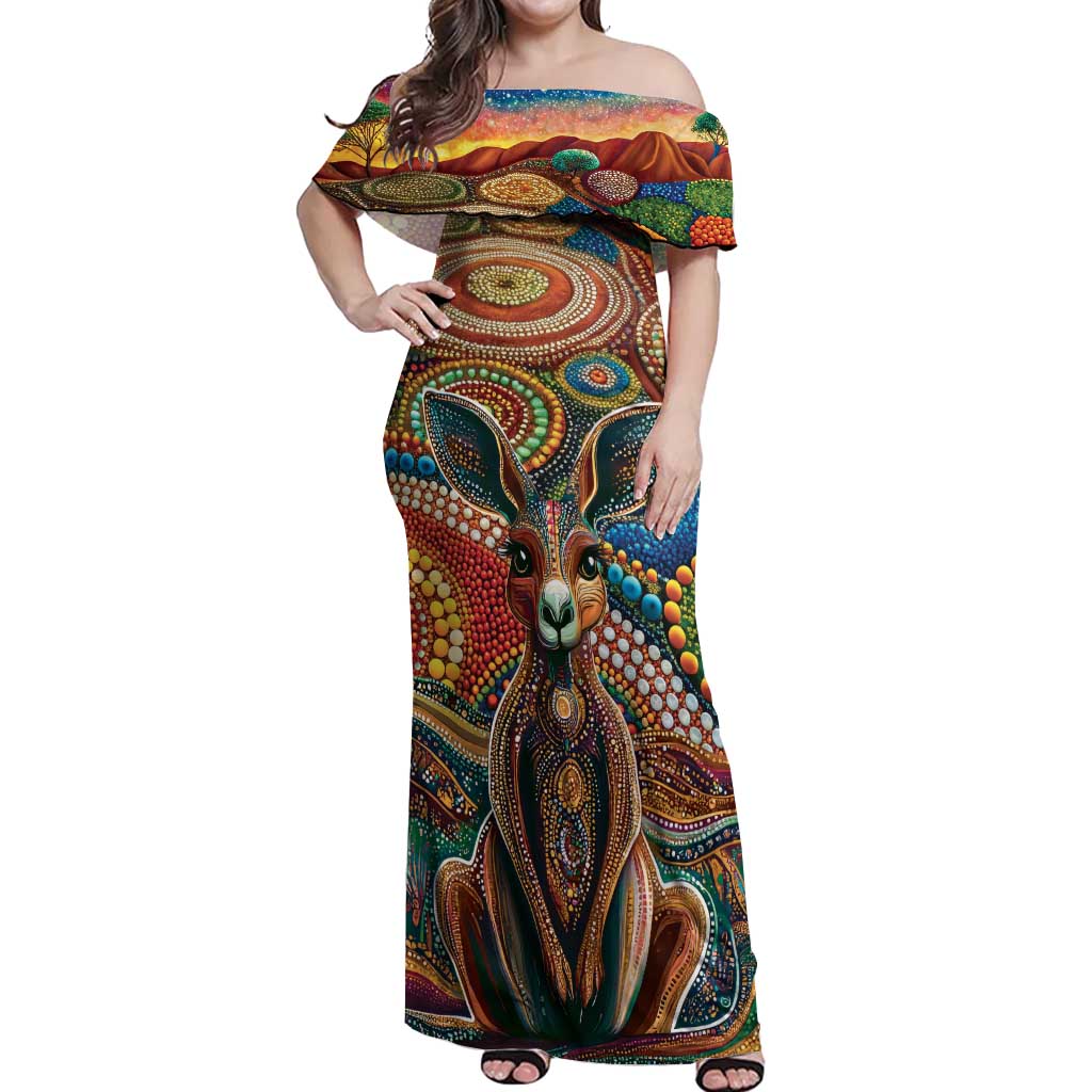 Australian Aboriginal Art Kangaroo Off Shoulder Maxi Dress Looking Forward Looking Blak Aboriginal Dot Painting
