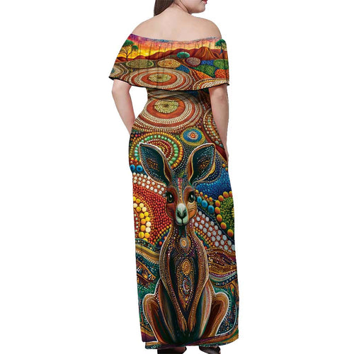 Australian Aboriginal Art Kangaroo Off Shoulder Maxi Dress Looking Forward Looking Blak Aboriginal Dot Painting