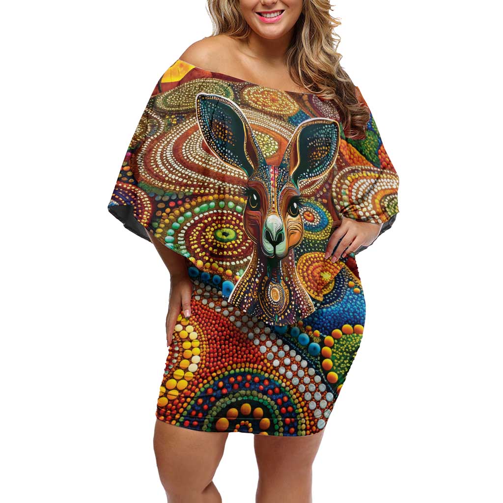 Australian Aboriginal Art Kangaroo Off Shoulder Short Dress Looking Forward Looking Blak Aboriginal Dot Painting