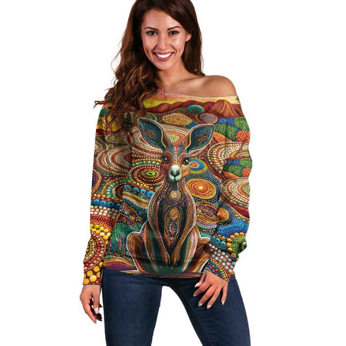 Australian Aboriginal Art Kangaroo Off Shoulder Sweater Looking Forward Looking Blak Aboriginal Dot Painting
