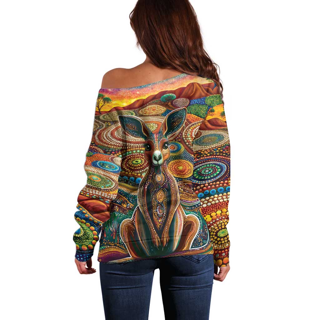 Australian Aboriginal Art Kangaroo Off Shoulder Sweater Looking Forward Looking Blak Aboriginal Dot Painting