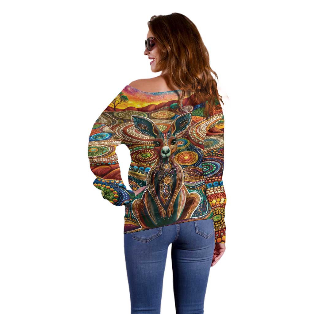 Australian Aboriginal Art Kangaroo Off Shoulder Sweater Looking Forward Looking Blak Aboriginal Dot Painting