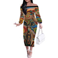Australian Aboriginal Art Kangaroo Off The Shoulder Long Sleeve Dress Looking Forward Looking Blak Aboriginal Dot Painting
