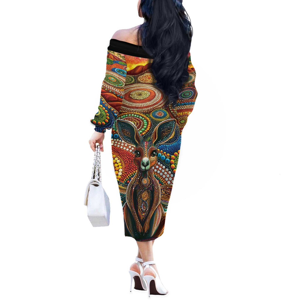 Australian Aboriginal Art Kangaroo Off The Shoulder Long Sleeve Dress Looking Forward Looking Blak Aboriginal Dot Painting