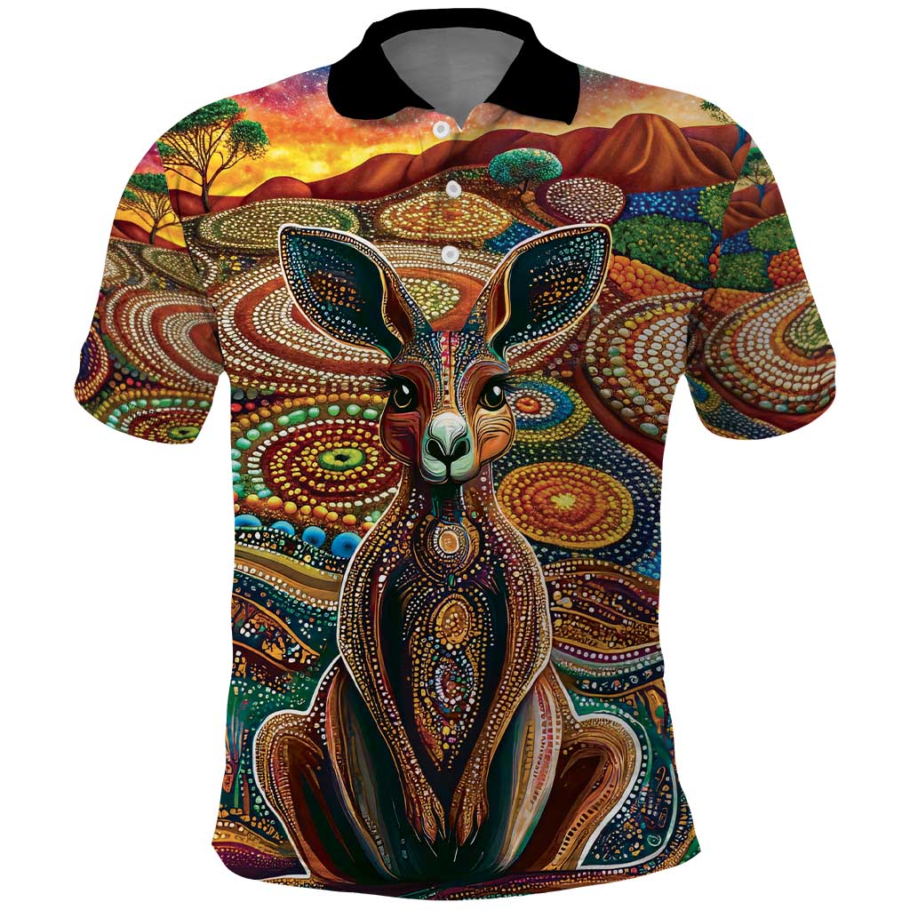 Australian Aboriginal Art Kangaroo Polo Shirt Looking Forward Looking Blak Aboriginal Dot Painting