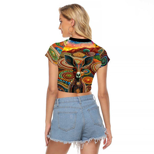 Australian Aboriginal Art Kangaroo Raglan Cropped T Shirt Looking Forward Looking Blak Aboriginal Dot Painting