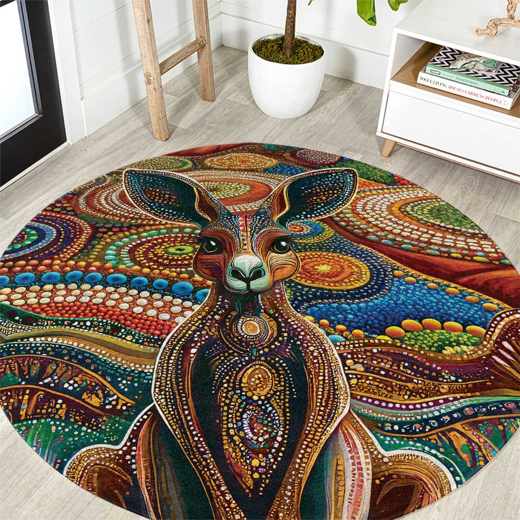 Australian Aboriginal Art Kangaroo Round Carpet Looking Forward Looking Blak Aboriginal Dot Painting