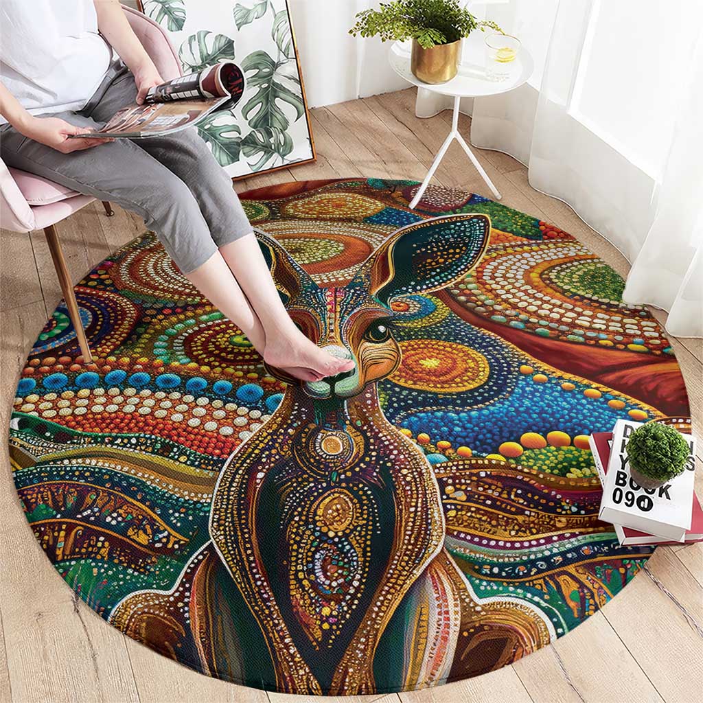 Australian Aboriginal Art Kangaroo Round Carpet Looking Forward Looking Blak Aboriginal Dot Painting
