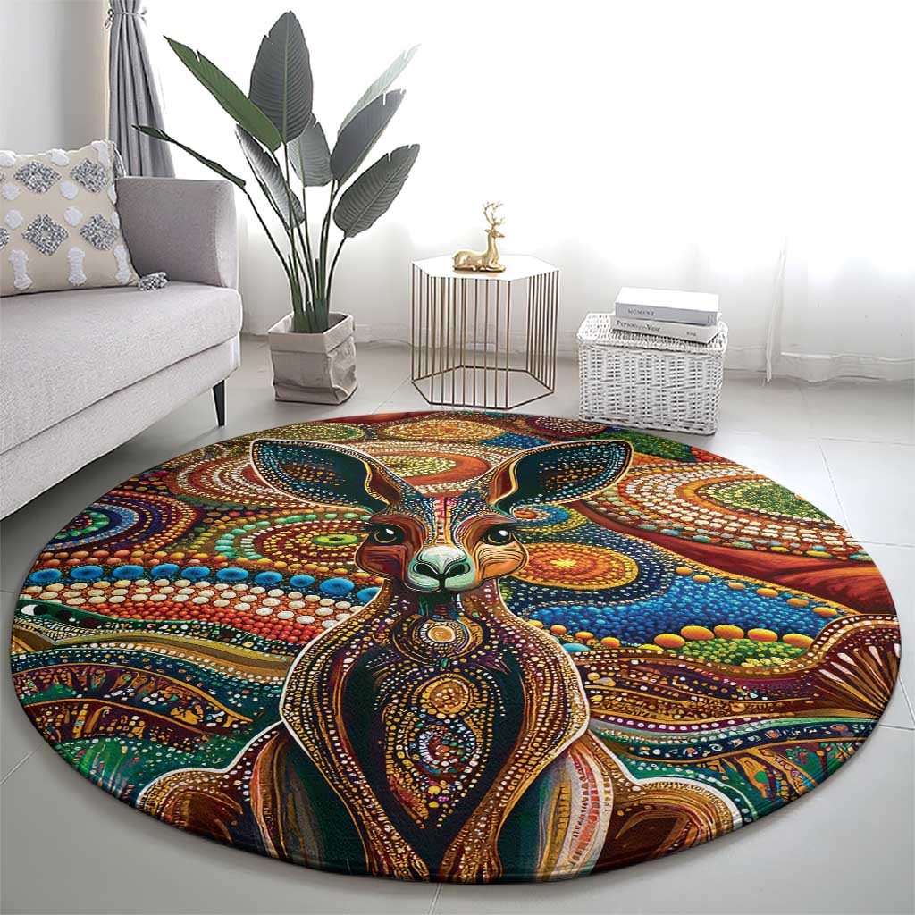 Australian Aboriginal Art Kangaroo Round Carpet Looking Forward Looking Blak Aboriginal Dot Painting