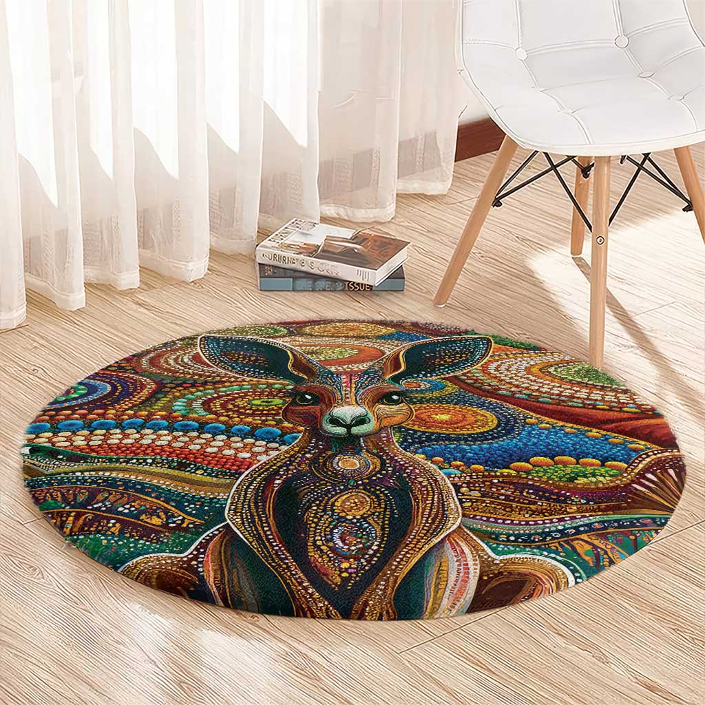 Australian Aboriginal Art Kangaroo Round Carpet Looking Forward Looking Blak Aboriginal Dot Painting