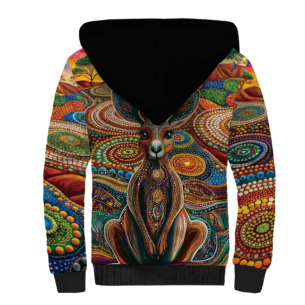 Australian Aboriginal Art Kangaroo Sherpa Hoodie Looking Forward Looking Blak Aboriginal Dot Painting