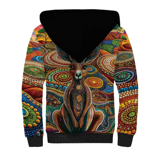 Australian Aboriginal Art Kangaroo Sherpa Hoodie Looking Forward Looking Blak Aboriginal Dot Painting