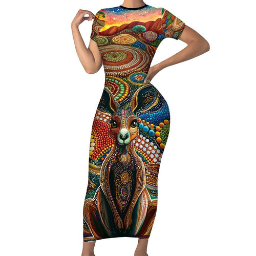 Australian Aboriginal Art Kangaroo Short Sleeve Bodycon Dress Looking Forward Looking Blak Aboriginal Dot Painting