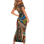 Australian Aboriginal Art Kangaroo Short Sleeve Bodycon Dress Looking Forward Looking Blak Aboriginal Dot Painting