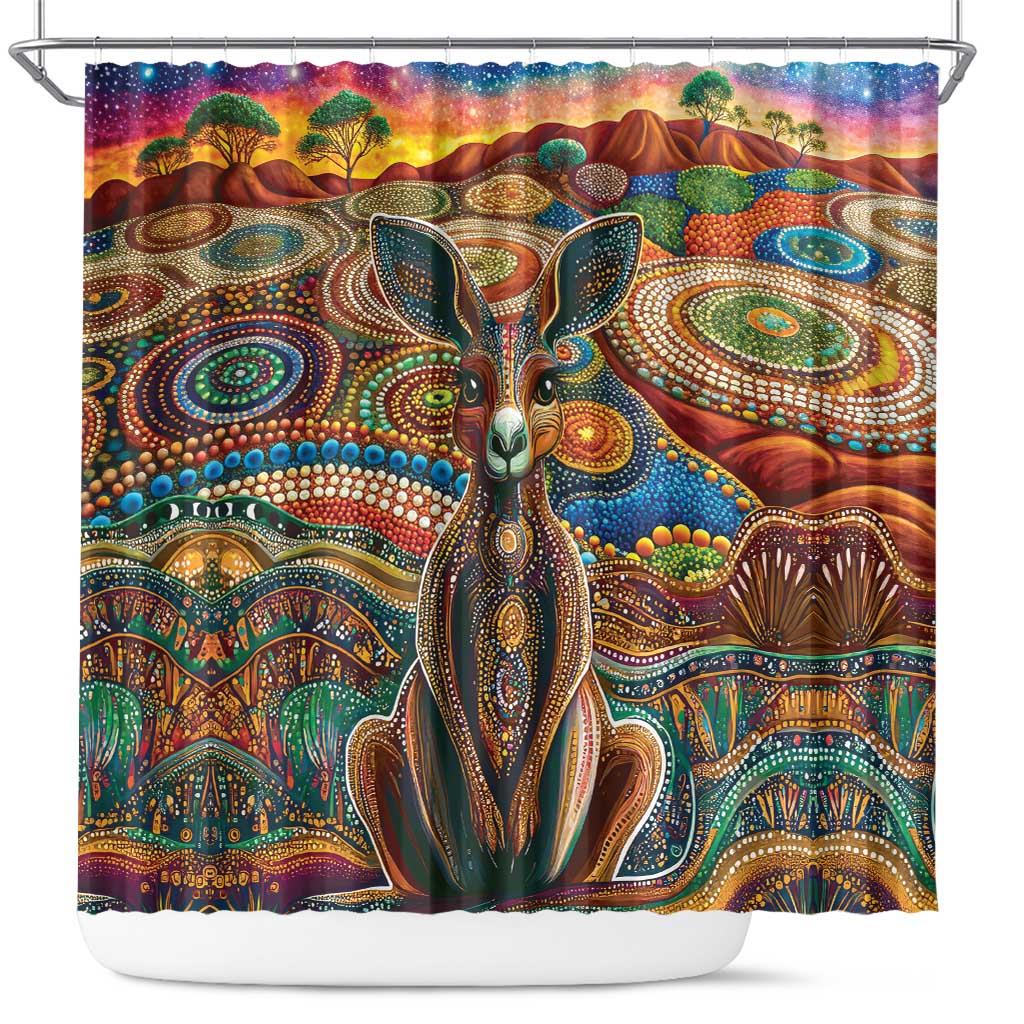 Australian Aboriginal Art Kangaroo Shower Curtain Looking Forward Looking Blak Aboriginal Dot Painting