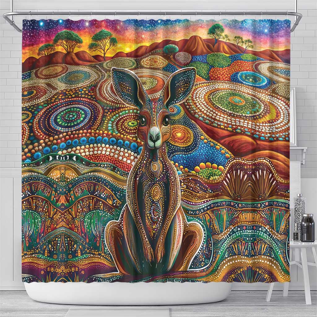 Australian Aboriginal Art Kangaroo Shower Curtain Looking Forward Looking Blak Aboriginal Dot Painting