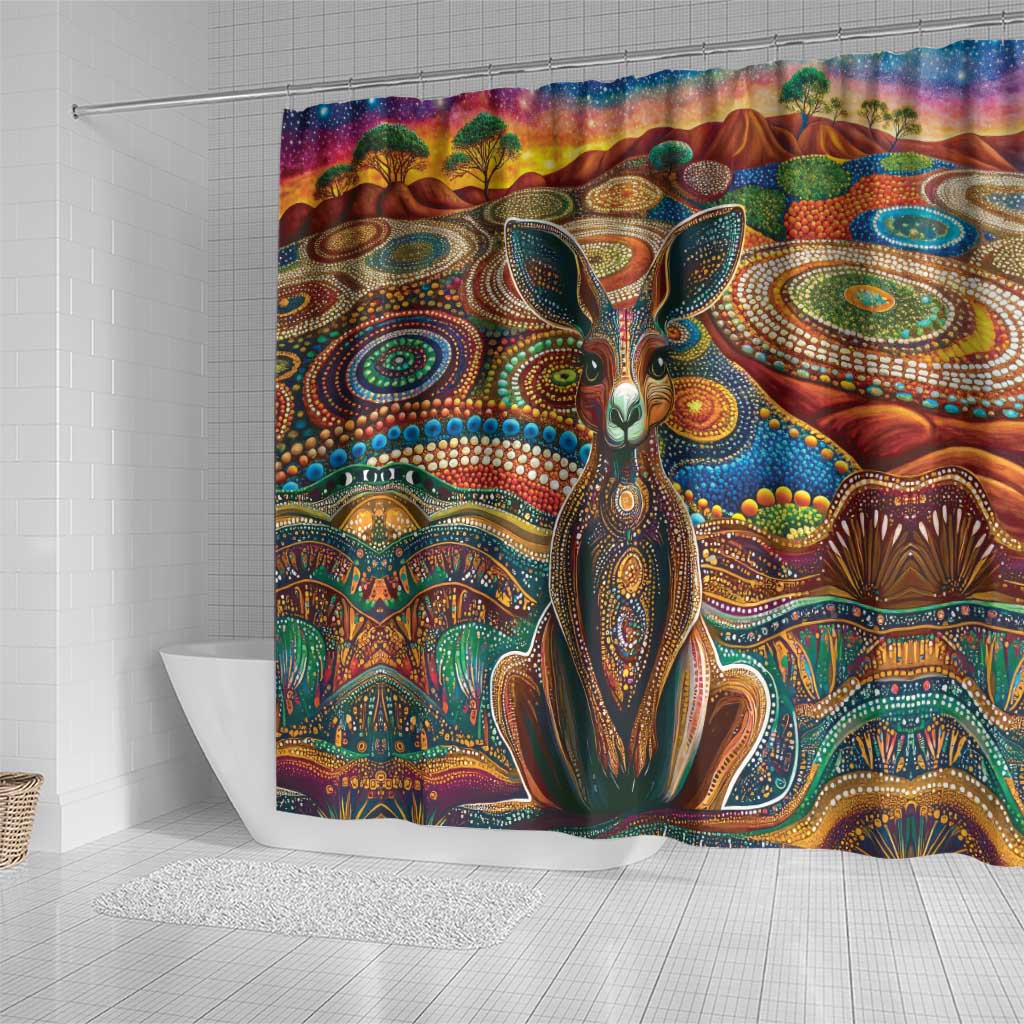 Australian Aboriginal Art Kangaroo Shower Curtain Looking Forward Looking Blak Aboriginal Dot Painting