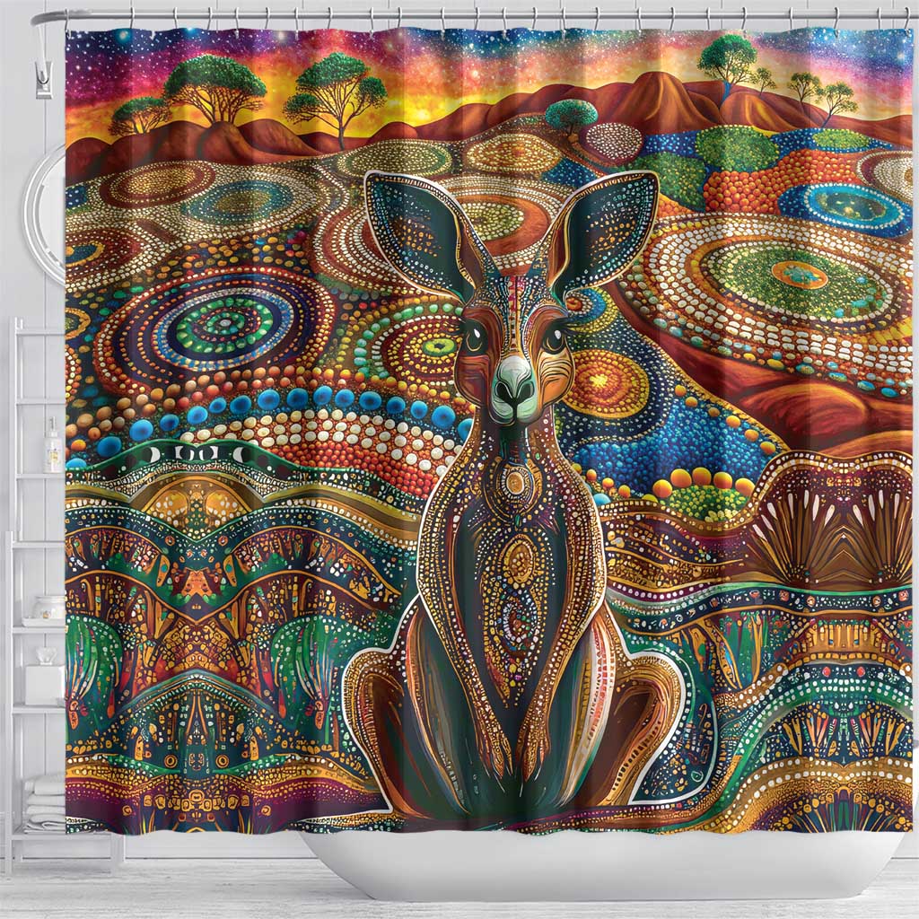 Australian Aboriginal Art Kangaroo Shower Curtain Looking Forward Looking Blak Aboriginal Dot Painting