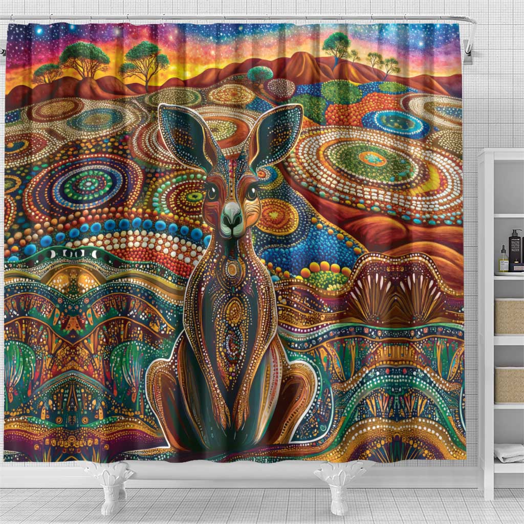 Australian Aboriginal Art Kangaroo Shower Curtain Looking Forward Looking Blak Aboriginal Dot Painting