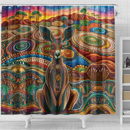 Australian Aboriginal Art Kangaroo Shower Curtain Looking Forward Looking Blak Aboriginal Dot Painting