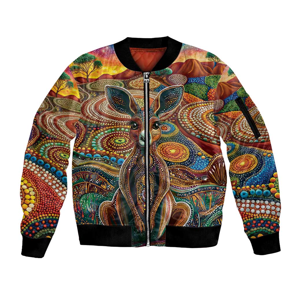 Australian Aboriginal Art Kangaroo Sleeve Zip Bomber Jacket Looking Forward Looking Blak Aboriginal Dot Painting