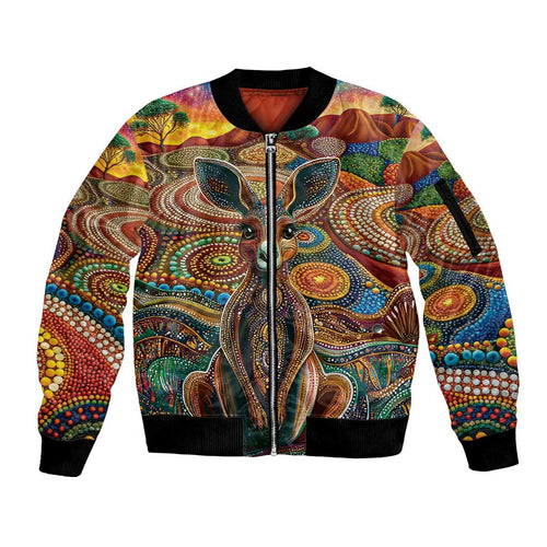 Australian Aboriginal Art Kangaroo Sleeve Zip Bomber Jacket Looking Forward Looking Blak Aboriginal Dot Painting