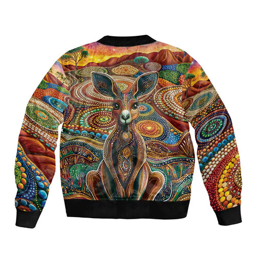 Australian Aboriginal Art Kangaroo Sleeve Zip Bomber Jacket Looking Forward Looking Blak Aboriginal Dot Painting