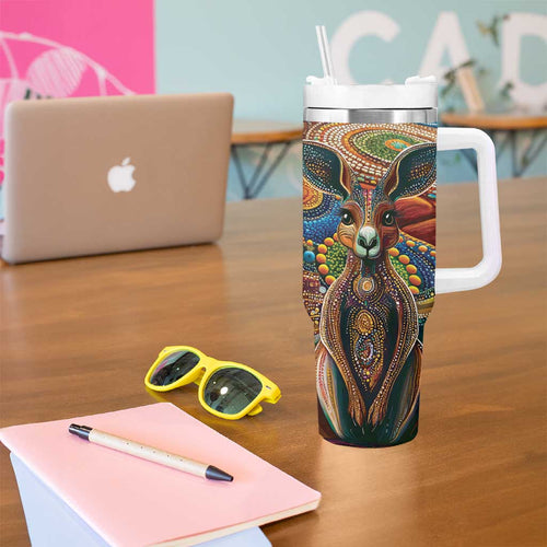 Australian Aboriginal Art Kangaroo Tumbler With Handle Looking Forward Looking Blak Aboriginal Dot Painting