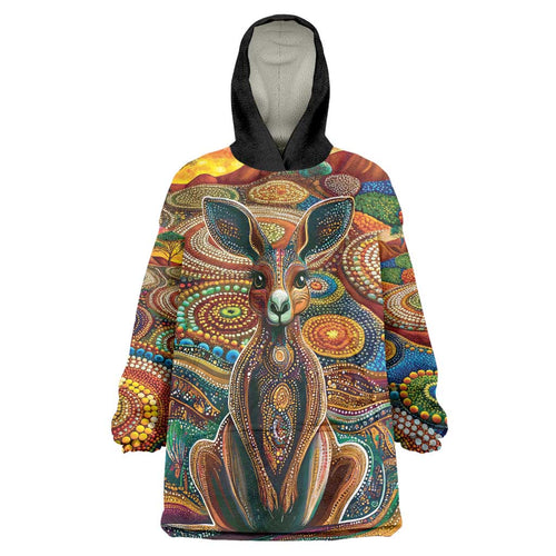 Australian Aboriginal Art Kangaroo Wearable Blanket Hoodie Looking Forward Looking Blak Aboriginal Dot Painting