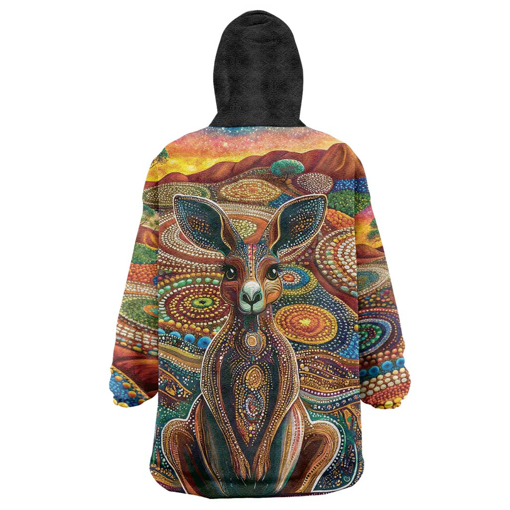 Australian Aboriginal Art Kangaroo Wearable Blanket Hoodie Looking Forward Looking Blak Aboriginal Dot Painting