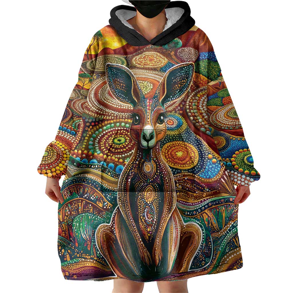 Australian Aboriginal Art Kangaroo Wearable Blanket Hoodie Looking Forward Looking Blak Aboriginal Dot Painting