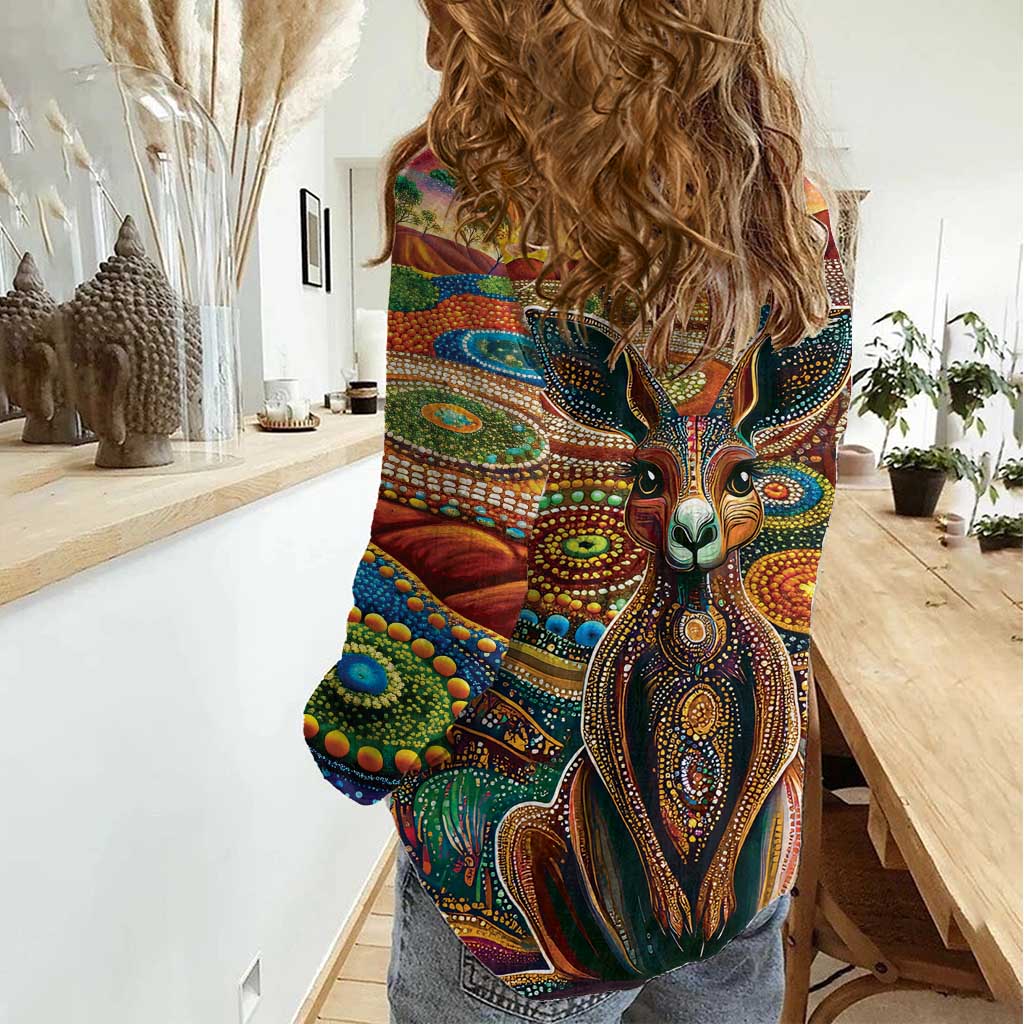 Australian Aboriginal Art Kangaroo Women Casual Shirt Looking Forward Looking Blak Aboriginal Dot Painting