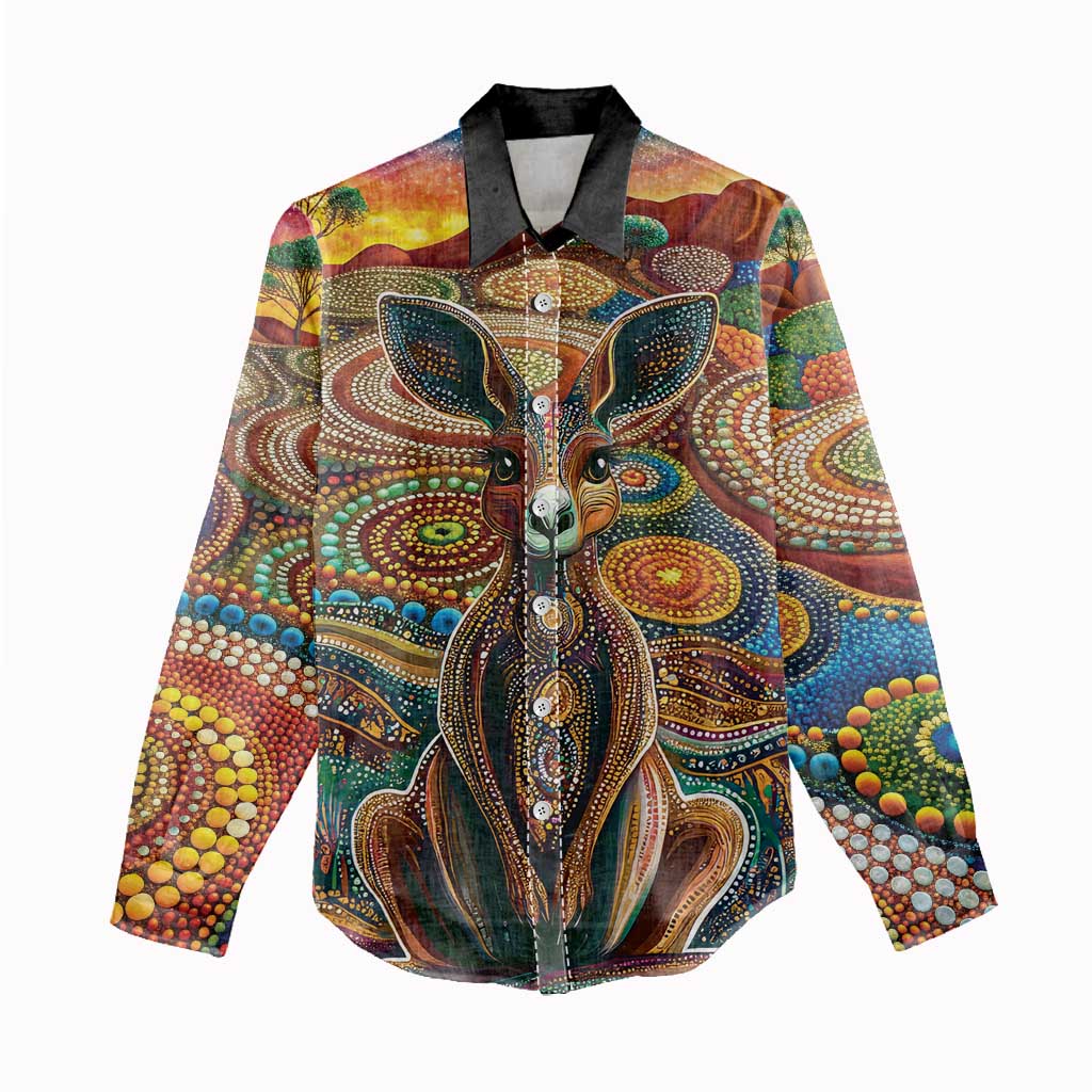 Australian Aboriginal Art Kangaroo Women Casual Shirt Looking Forward Looking Blak Aboriginal Dot Painting