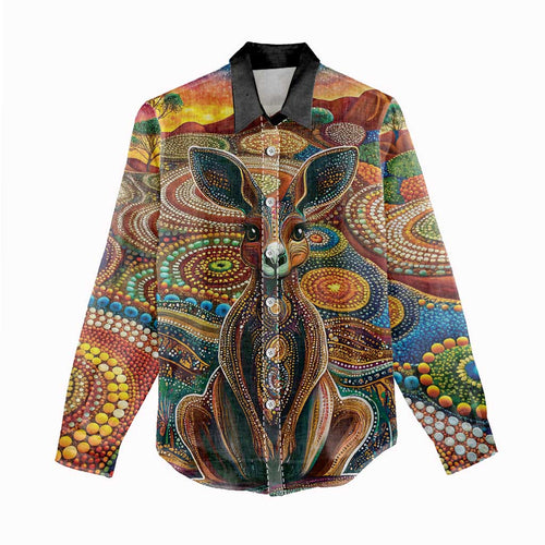Australian Aboriginal Art Kangaroo Women Casual Shirt Looking Forward Looking Blak Aboriginal Dot Painting