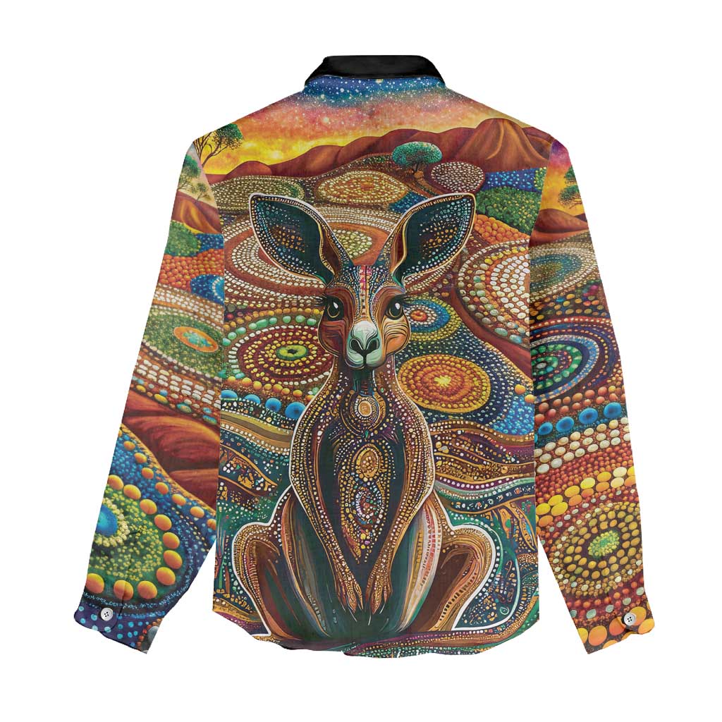 Australian Aboriginal Art Kangaroo Women Casual Shirt Looking Forward Looking Blak Aboriginal Dot Painting