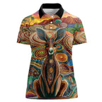 Australian Aboriginal Art Kangaroo Women Polo Shirt Looking Forward Looking Blak Aboriginal Dot Painting