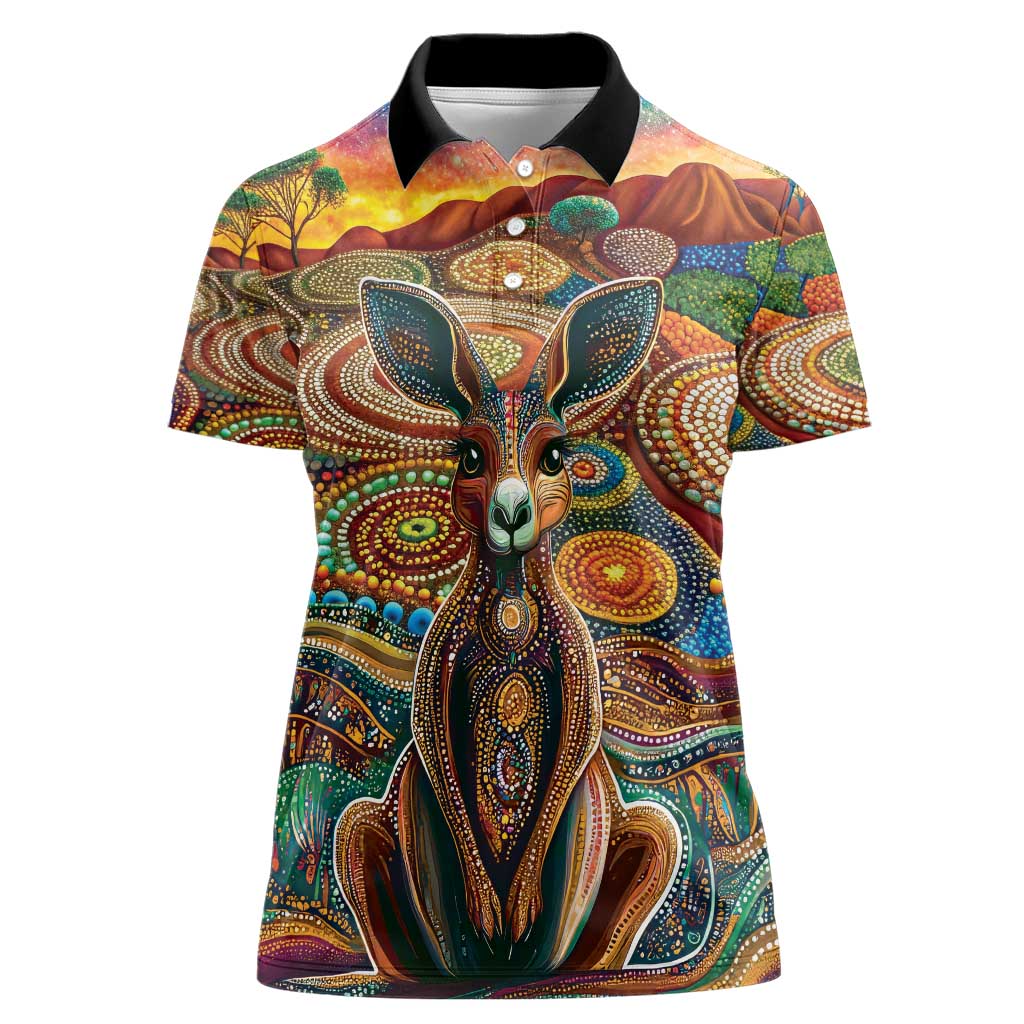 Australian Aboriginal Art Kangaroo Women Polo Shirt Looking Forward Looking Blak Aboriginal Dot Painting